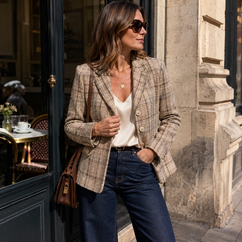 Zara Tweed Plaid Blazer Jacket XS Metallic Gold Buttons Quiet Luxury